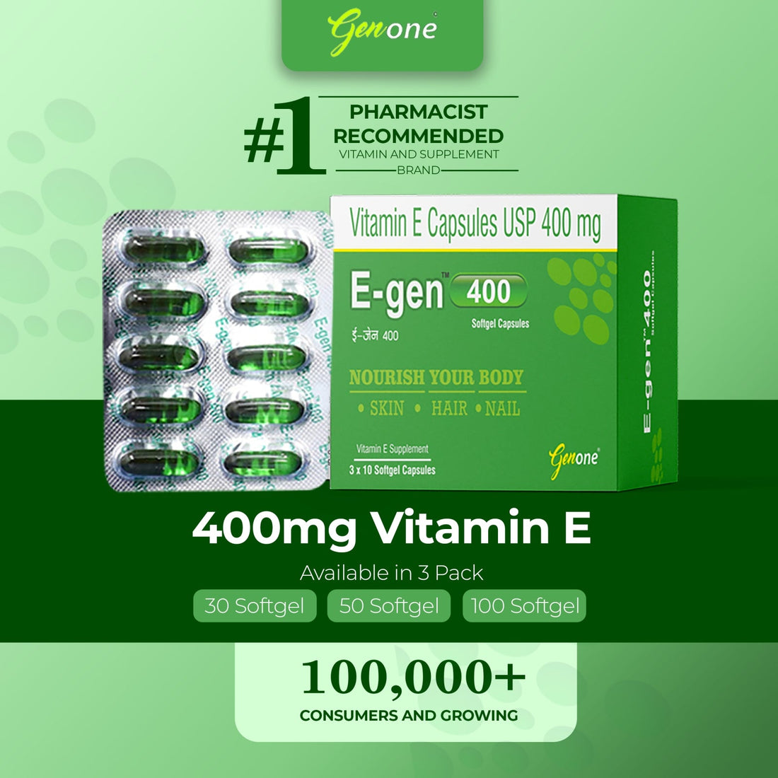 Genone E-gen 400 Vitamin E Oil Capsules for Glowing Skin and Nourished Hairs (100 Capsules)